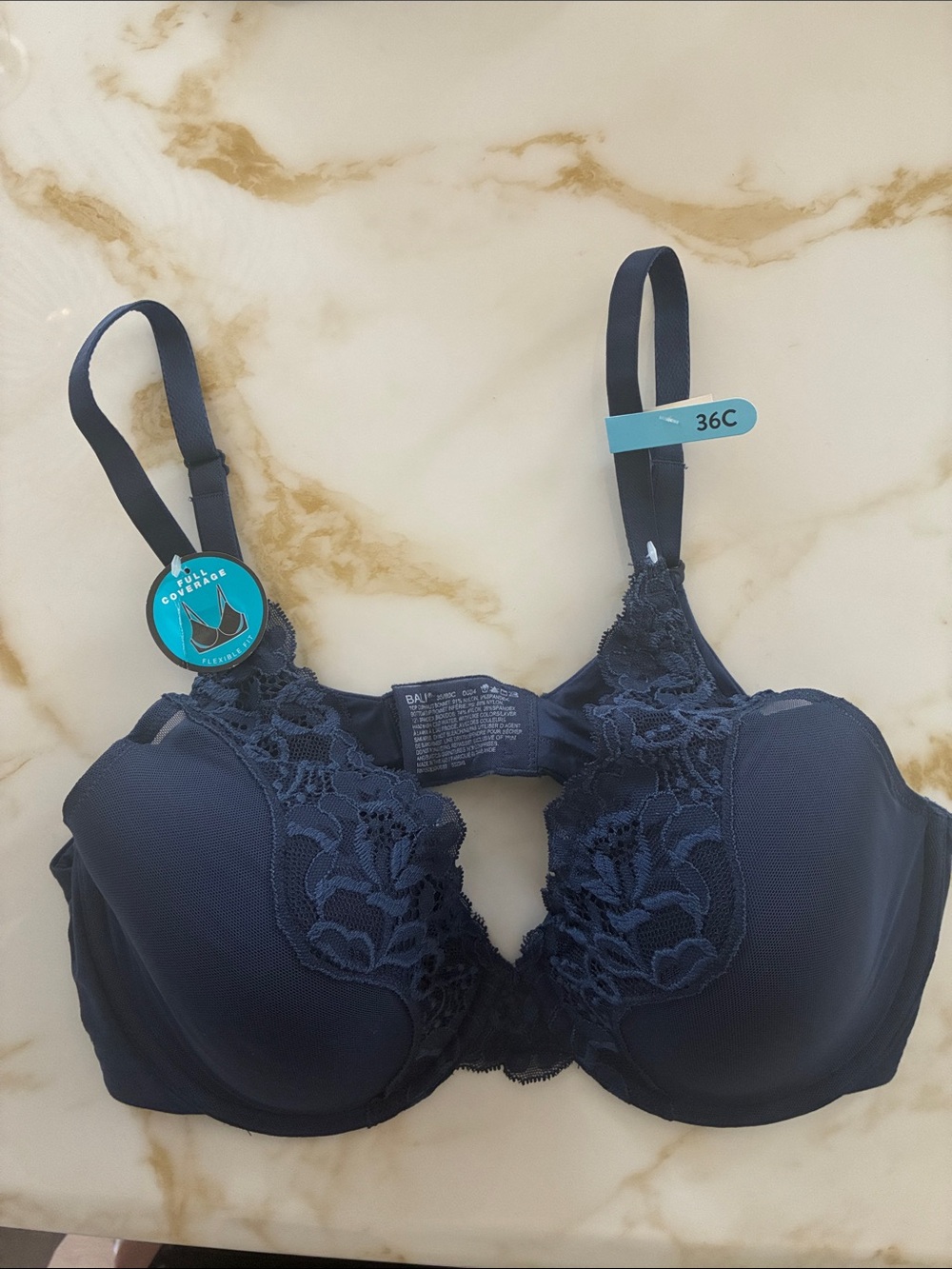 Unbranded Navy Lace-Accent Full Coverage Bra - 36C